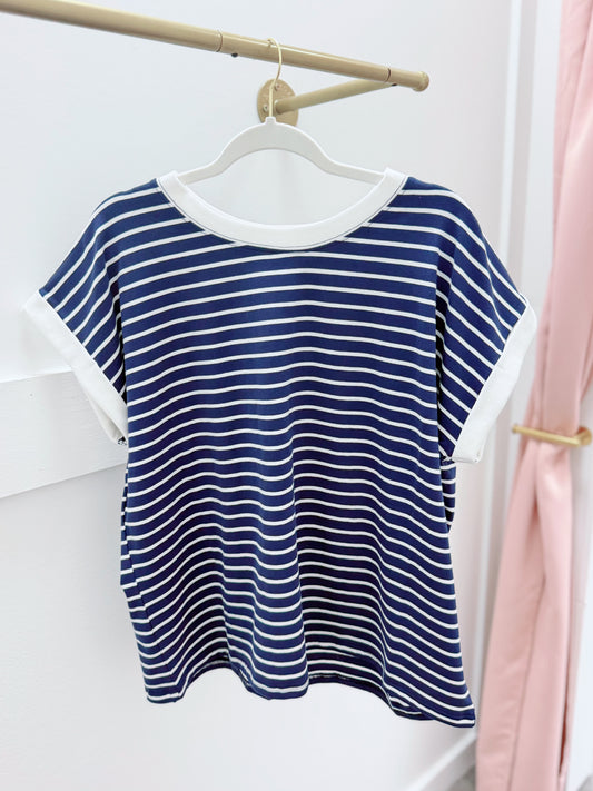 PLUS Striped Contrast Top | Navy