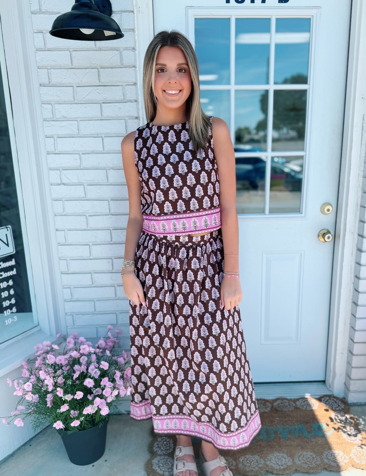 Brown Border Print Midi Skirt
