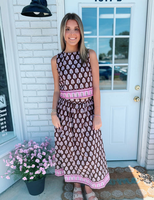 Brown Border Print Midi Skirt