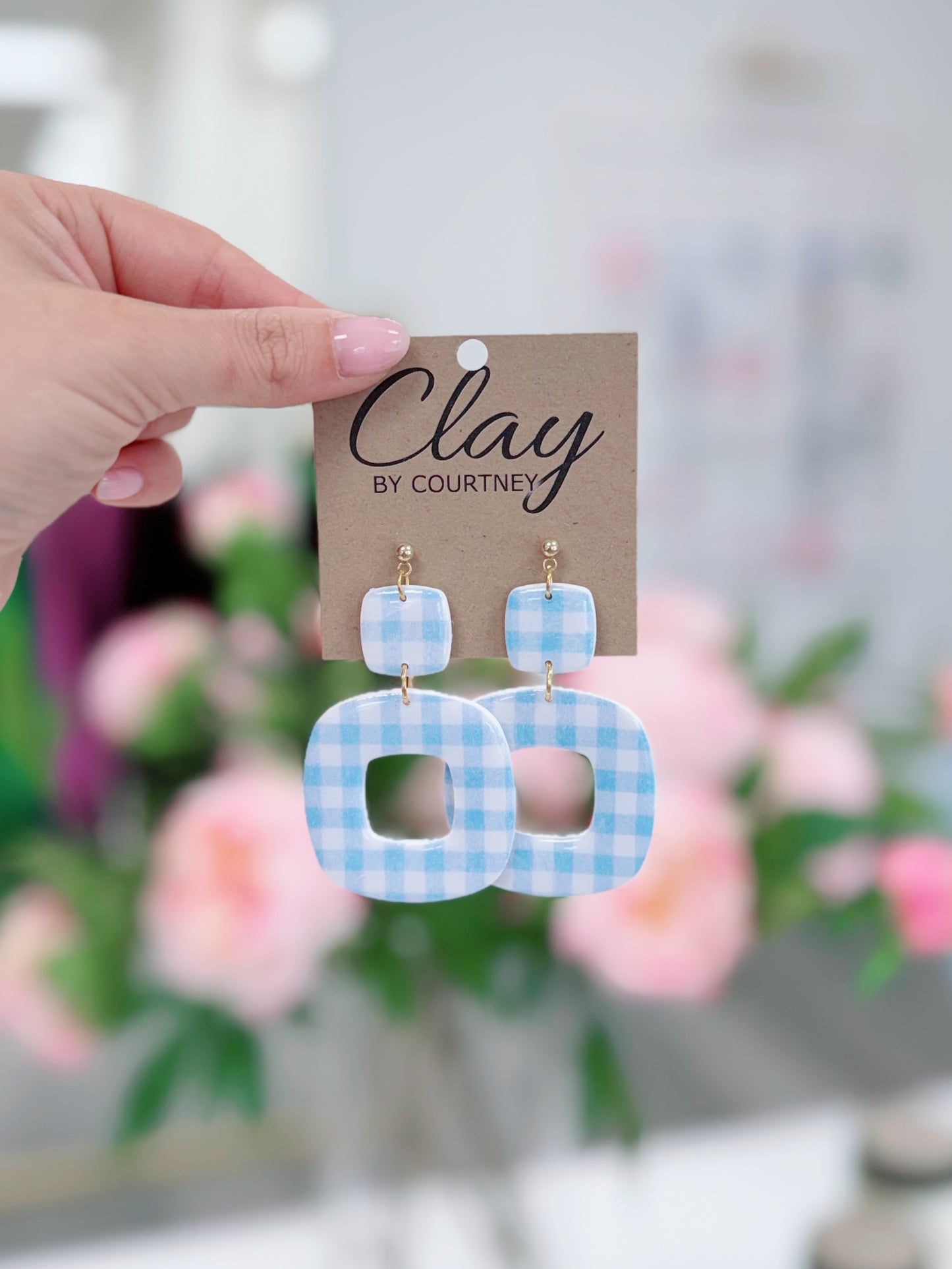 LBlue Gingham Clay Earrings