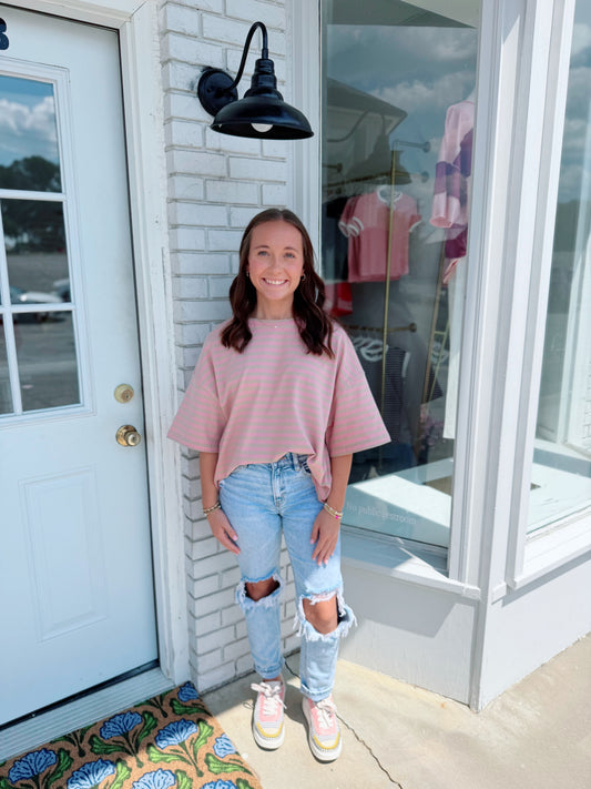 Striped Boyfriend Tee, Pink & Oat
