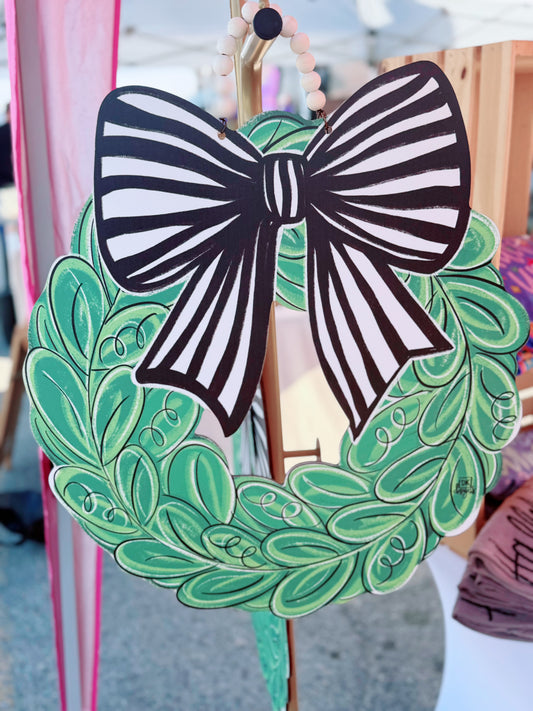 Black/White Bow Wreath Door Hanger