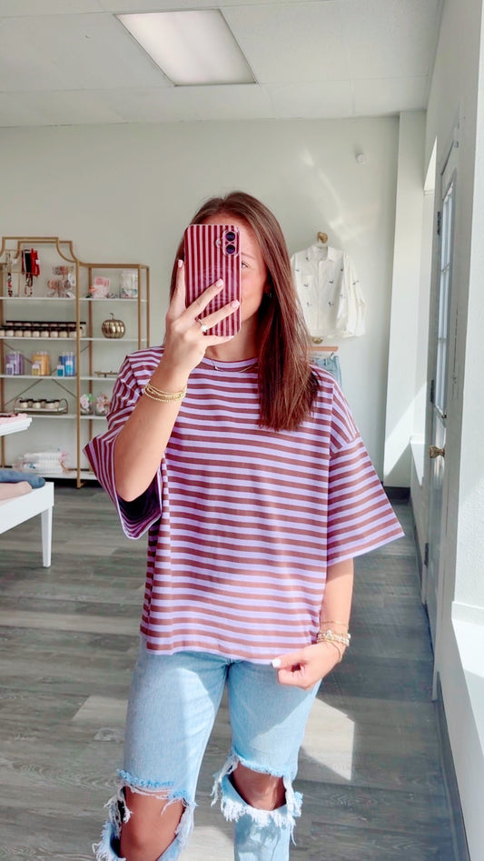 Striped Boyfriend Tee, Violet & Brown