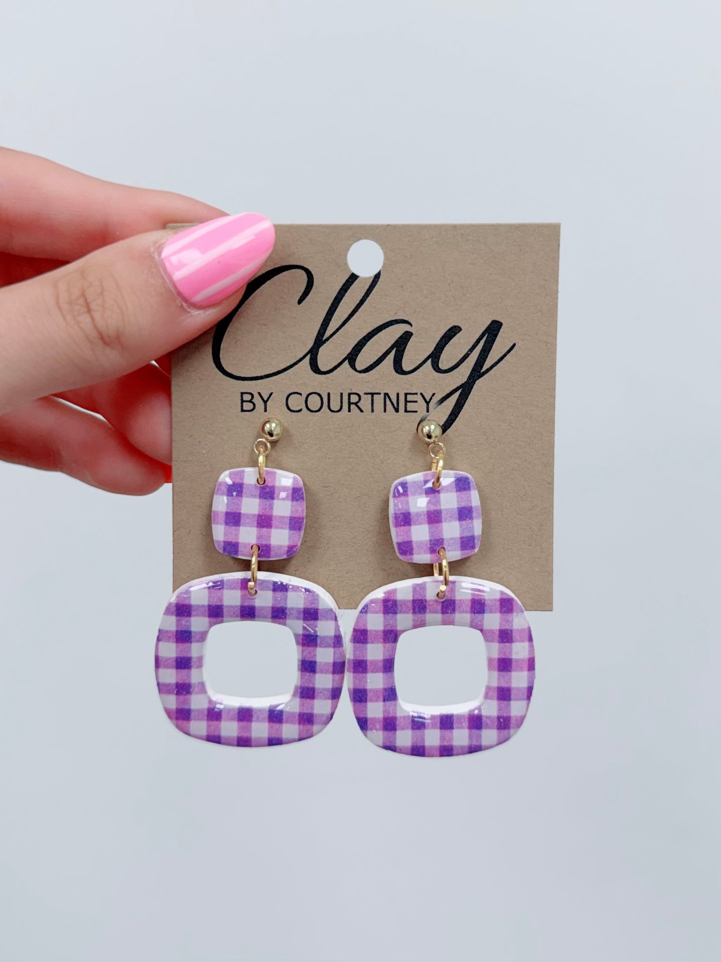 Small Purple Gingham Clay Earrings