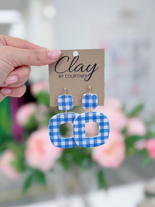 Blue Gingham Clay Earrings