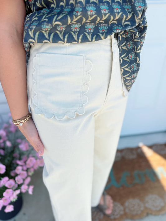 Wide-Leg Scallop Pocket Pants, Cream