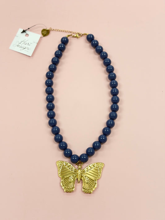 HD Mini BeadedButterfly Necklace, Navy