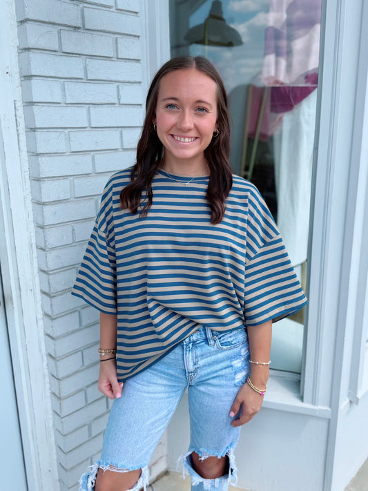 Striped Boyfriend Tee, Blue & Tan