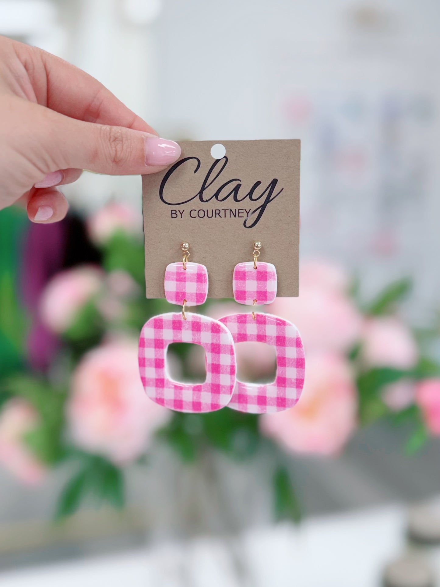 Pink Gingham Clay Earrings