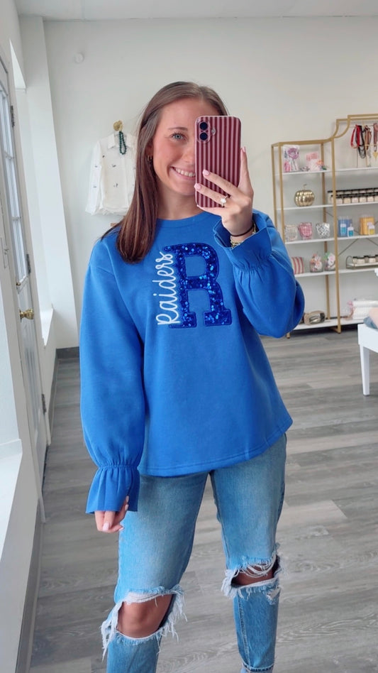 Sequin “R” Ruffle Cuff Sweatshirt