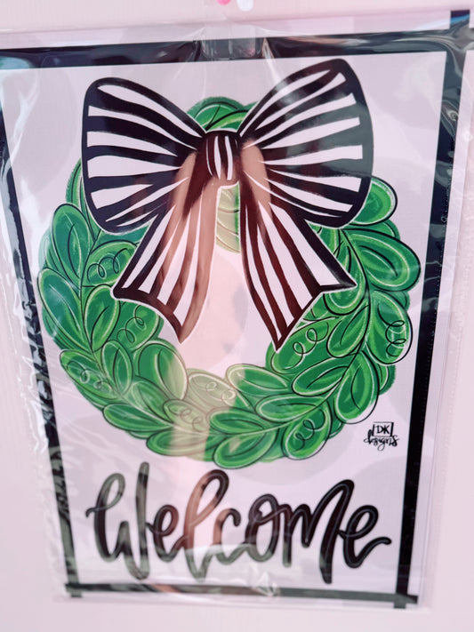 Black/White Bow Wreath Garden Flag