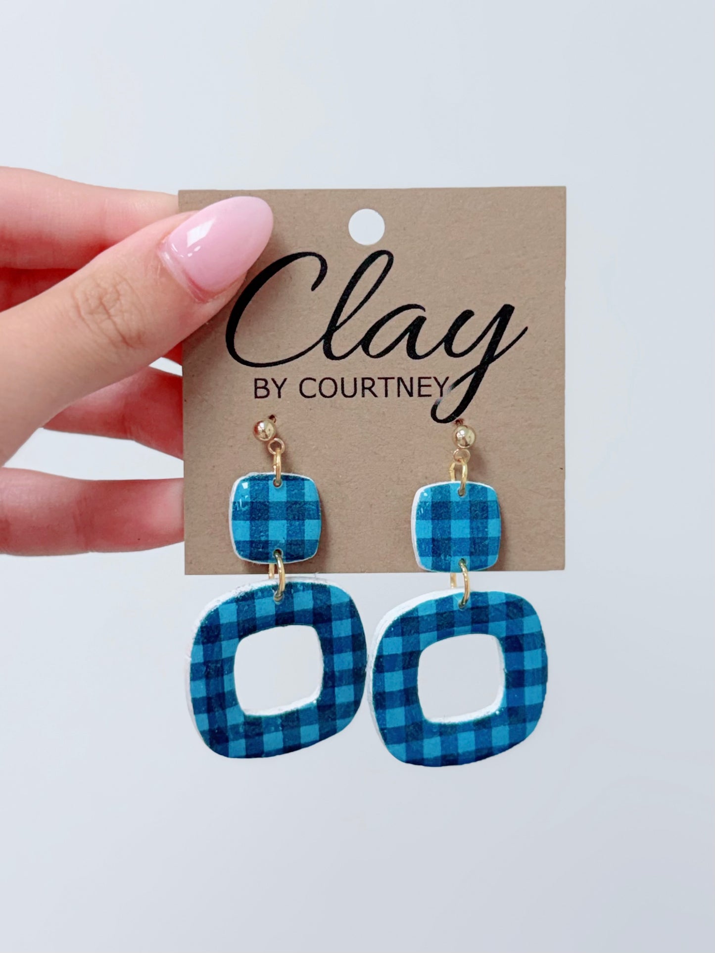 Dark Teal Gingham Clay Earrings