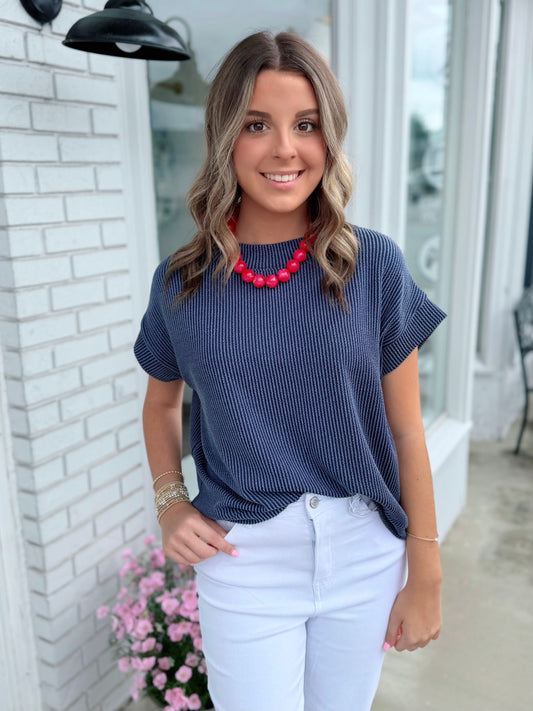 Raised Ribbed Cap Sleeve Top | Navy