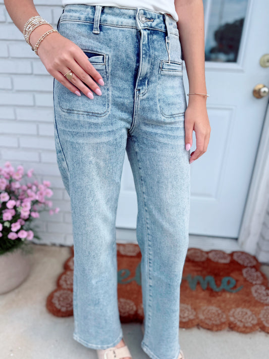 High Rise Straight Patch Pocket Jeans