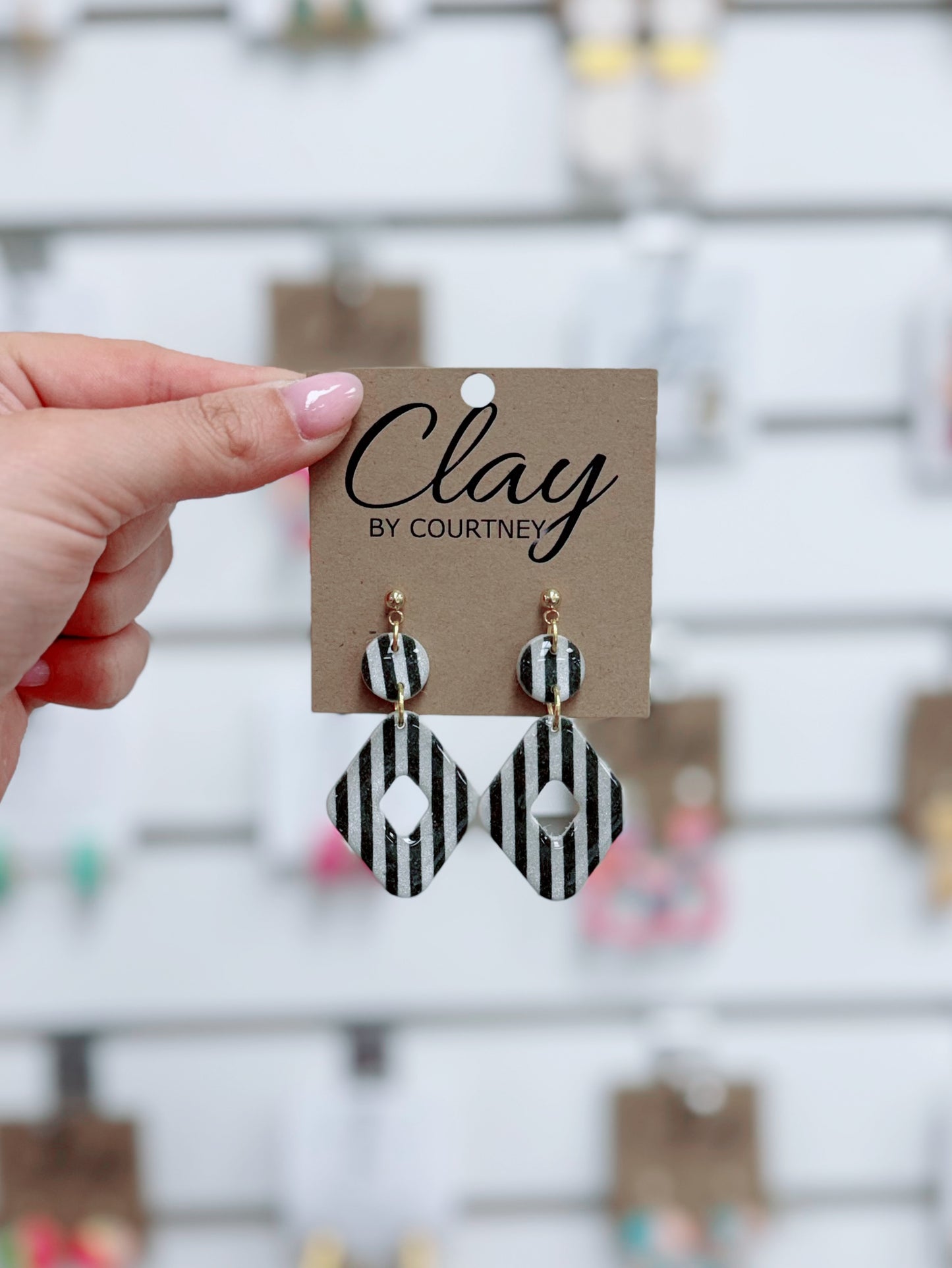 Small Black + Silver Stripe Clay Earrings