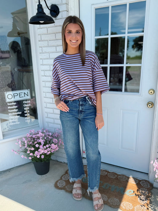 Striped Boyfriend Tee, Violet & Brown