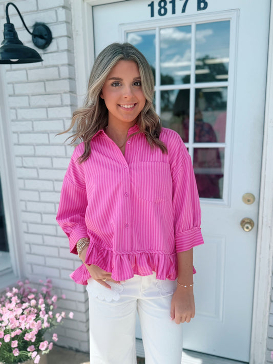 Pink Striped Ruffle Top