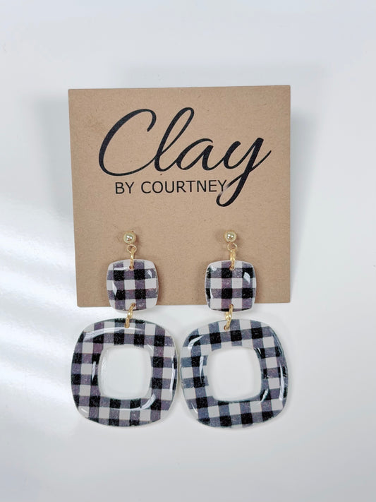 Black Gingham Clay Earring