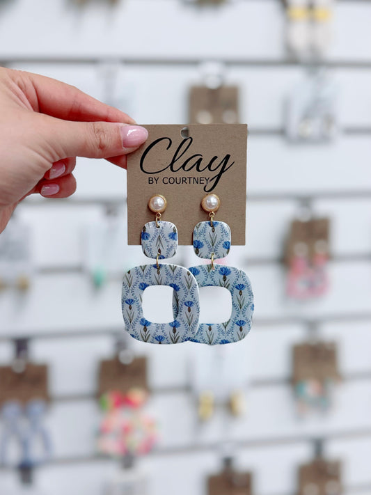 Blue Floral | Pearl Detail Clay Earrings