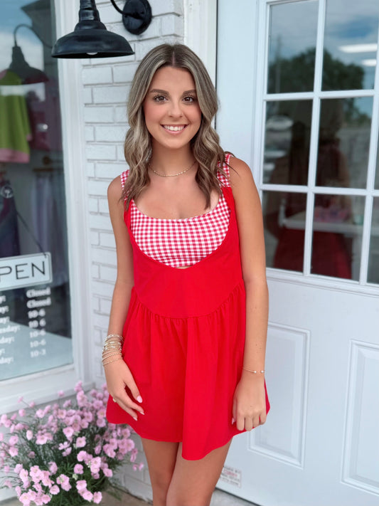 Gingham Double Layered Dress, Red