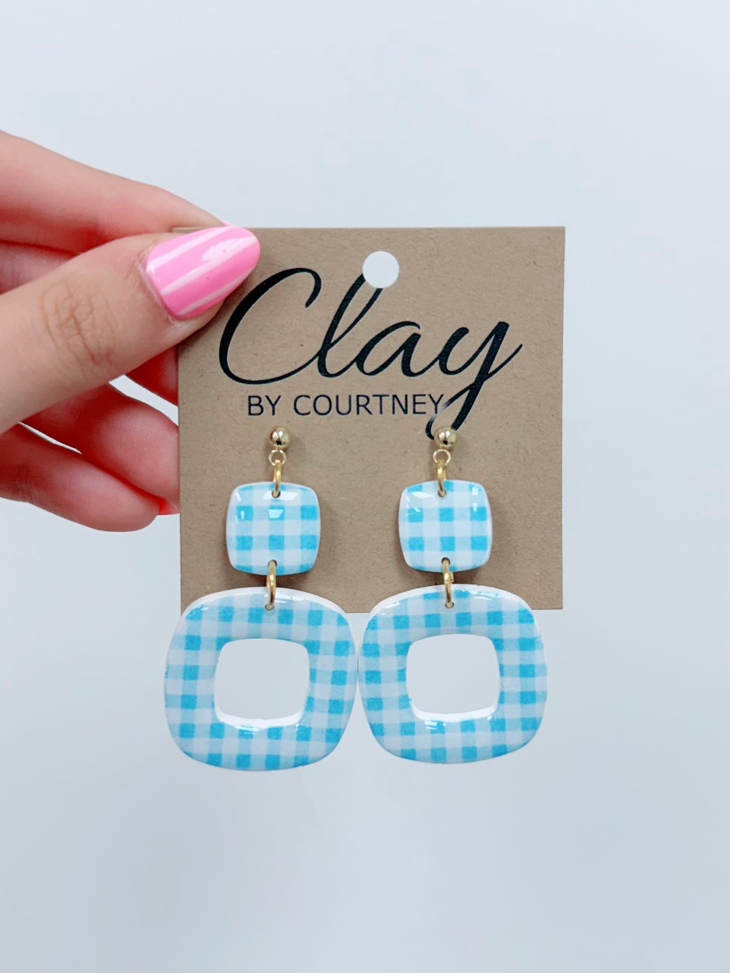 Small LBlue Gingham Clay Earrings