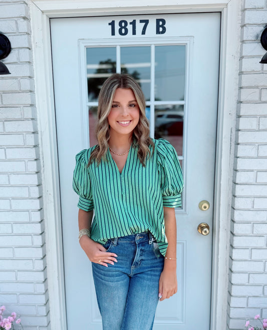 Green Striped Puff Blouse
