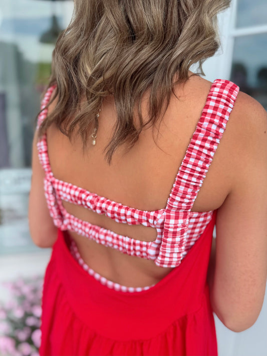 Gingham Double Layered Dress, Red