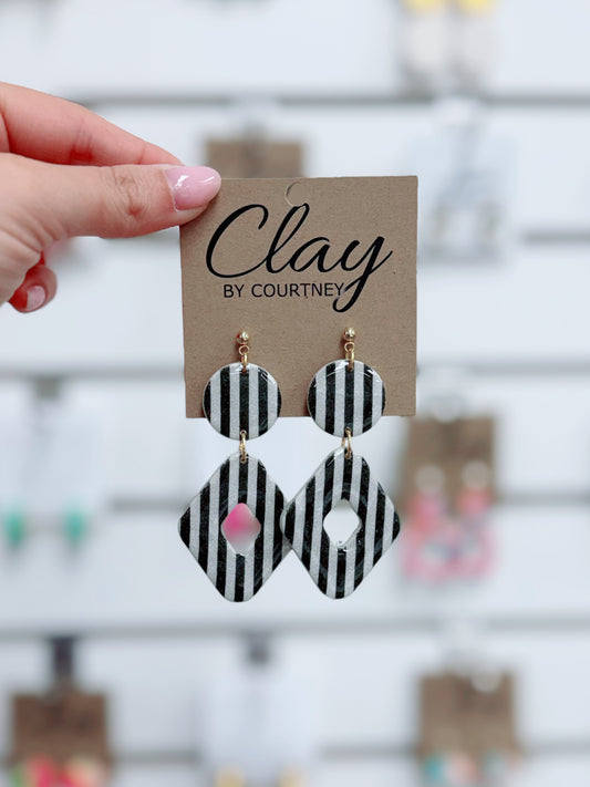 Black + Silver Stripe Clay Earrings