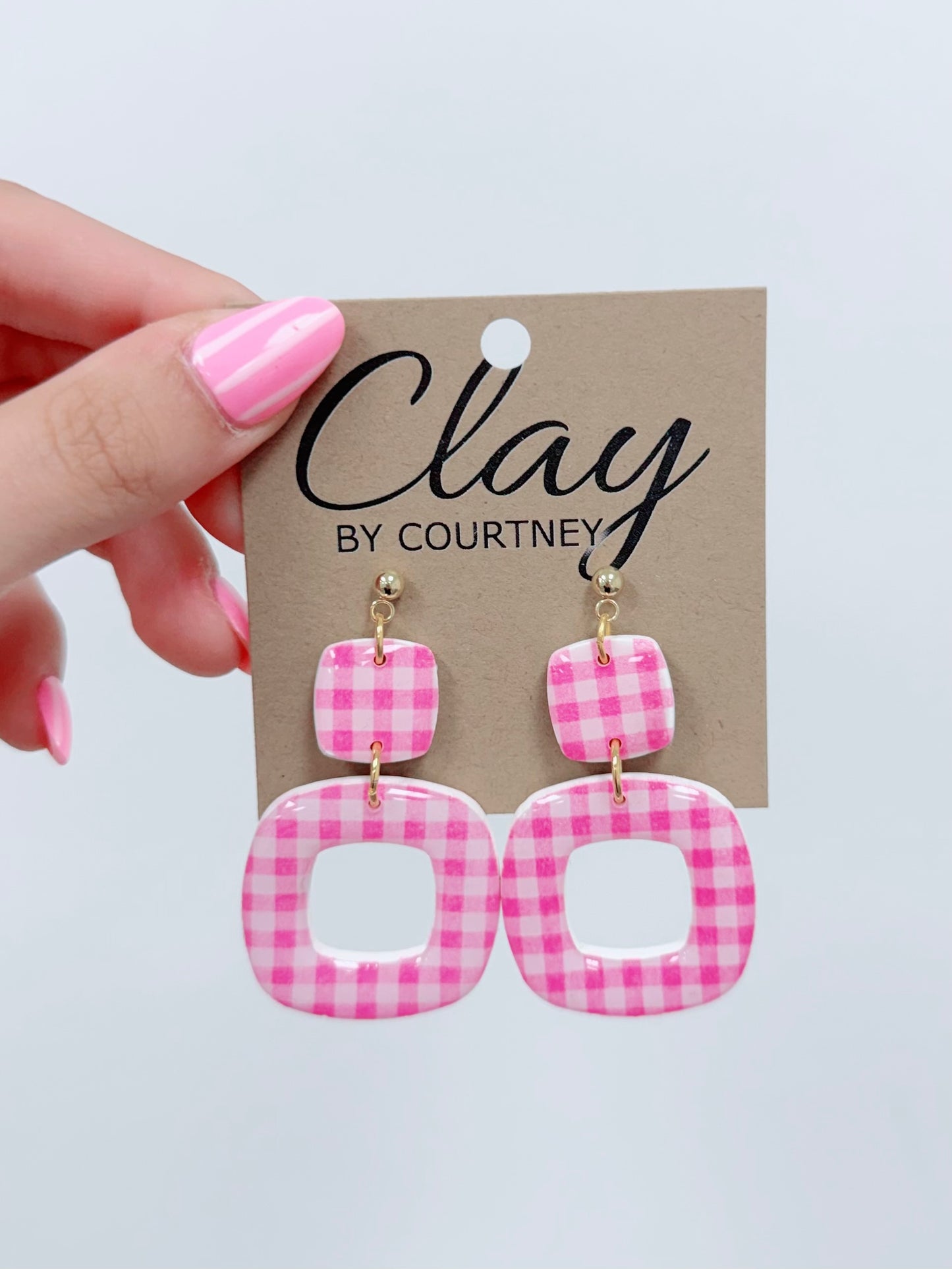 Small Pink Gingham Clay Earrings