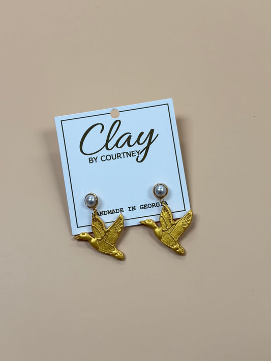 Gold Pearl Duck Clay Earrings