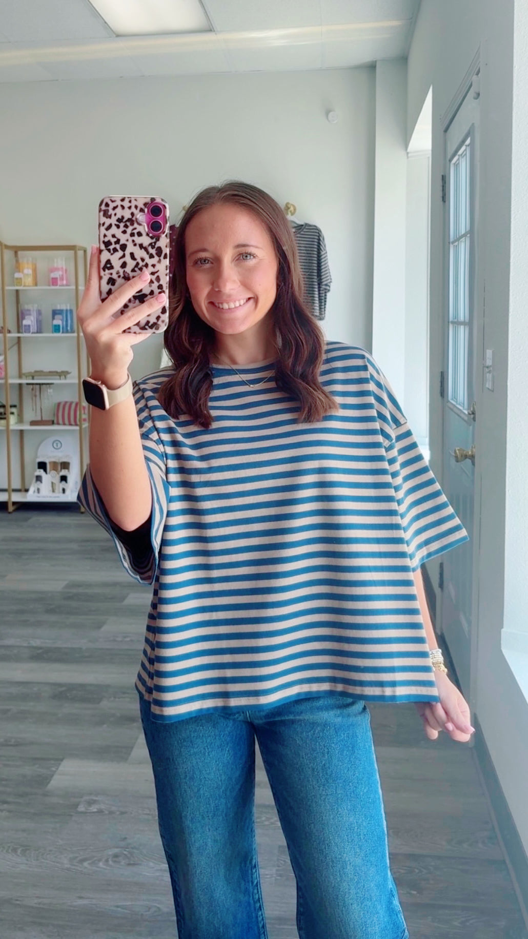Striped Boyfriend Tee, Blue & Tan
