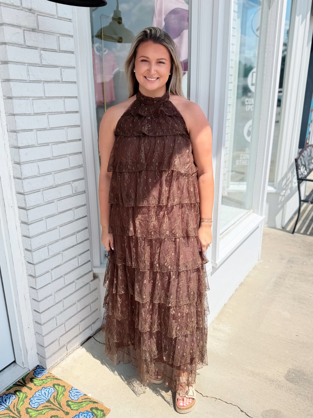 Cocoa Ruffle Halter Maxi