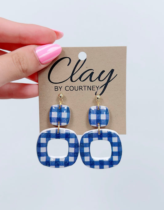 Small Navy Gingham Clay Earring