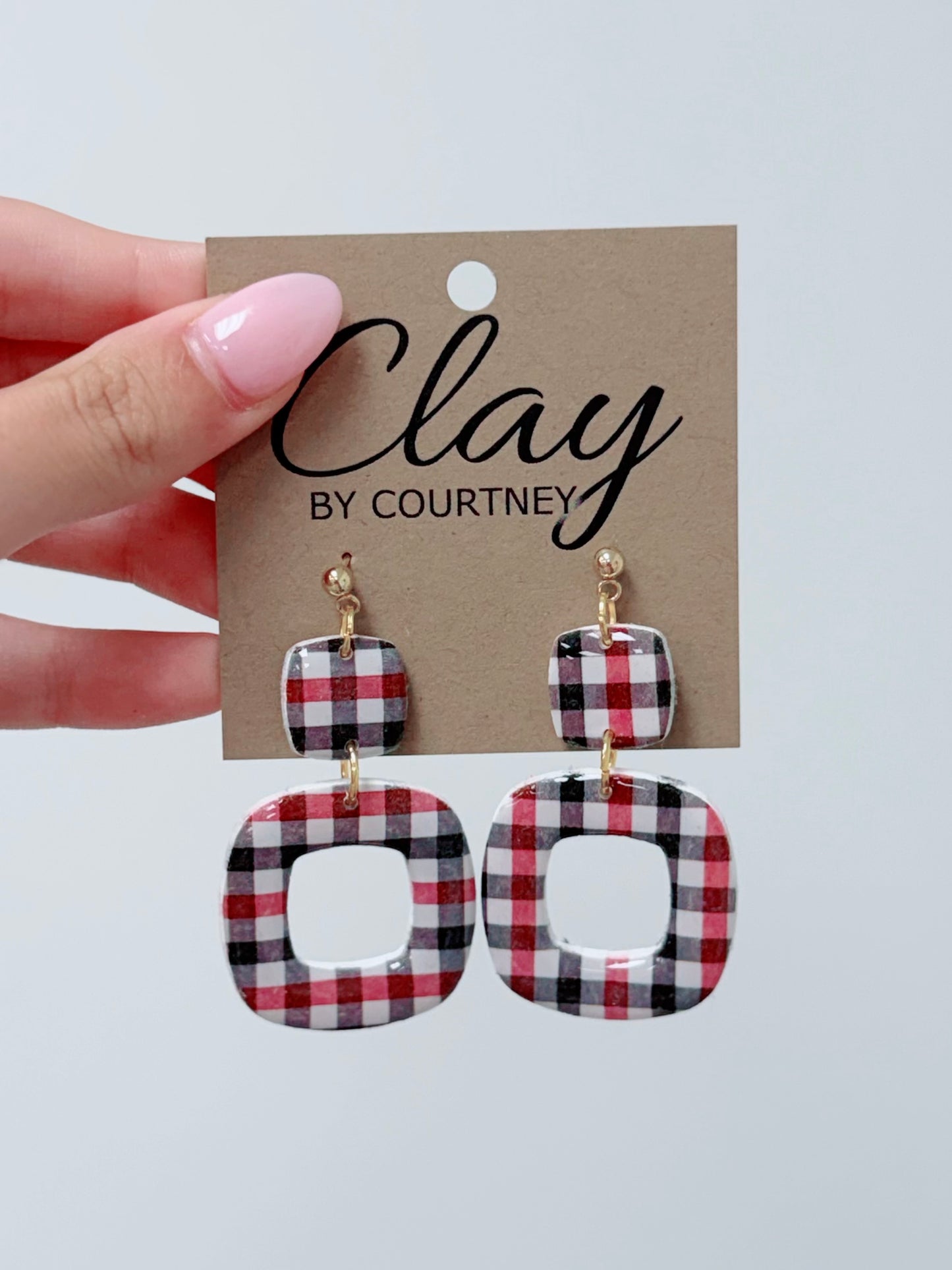 Black & Dark Red Gingham Clay Earrings