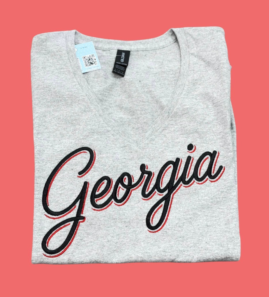 Grey Embroidered “Georgia” V-neck Tee