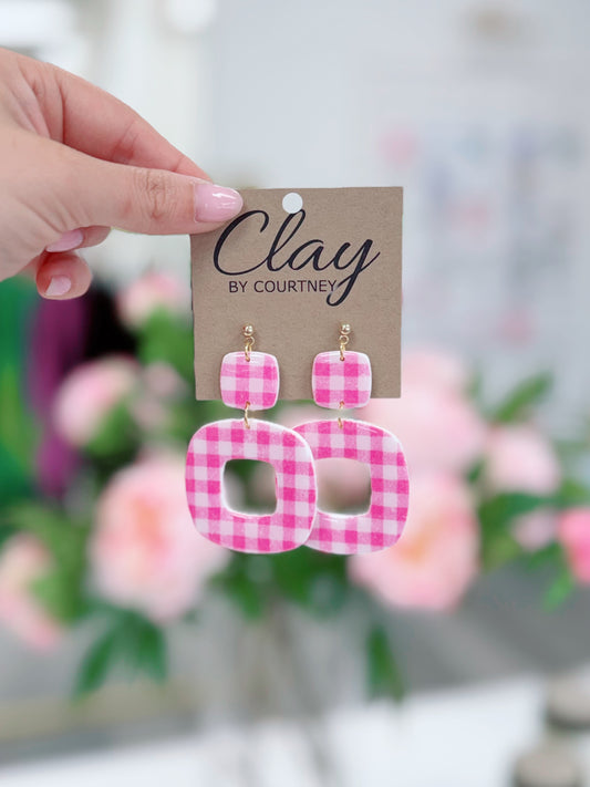 Pink Gingham Clay Earrings