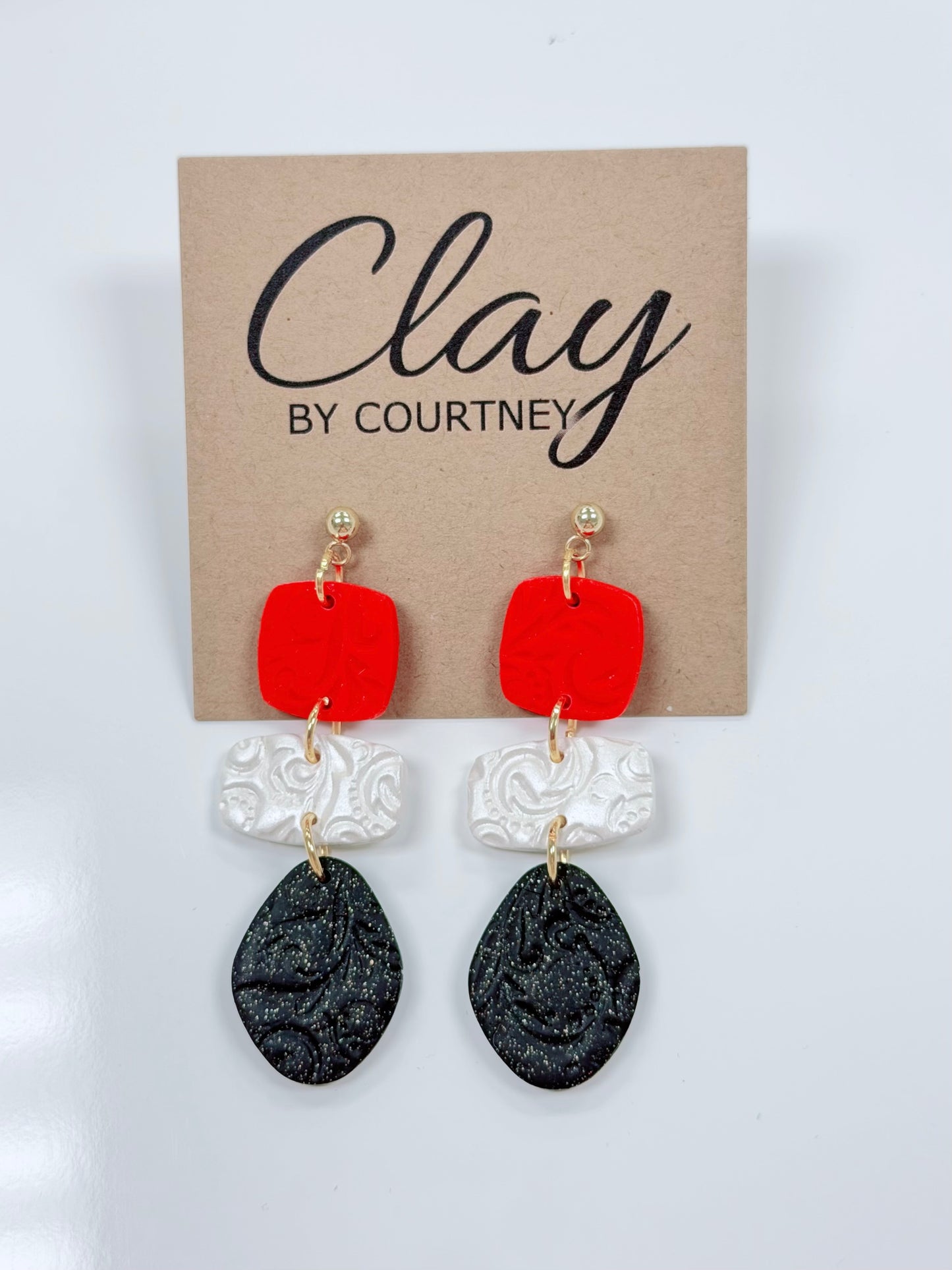 Printed Red, White, & Black Clay Earrings