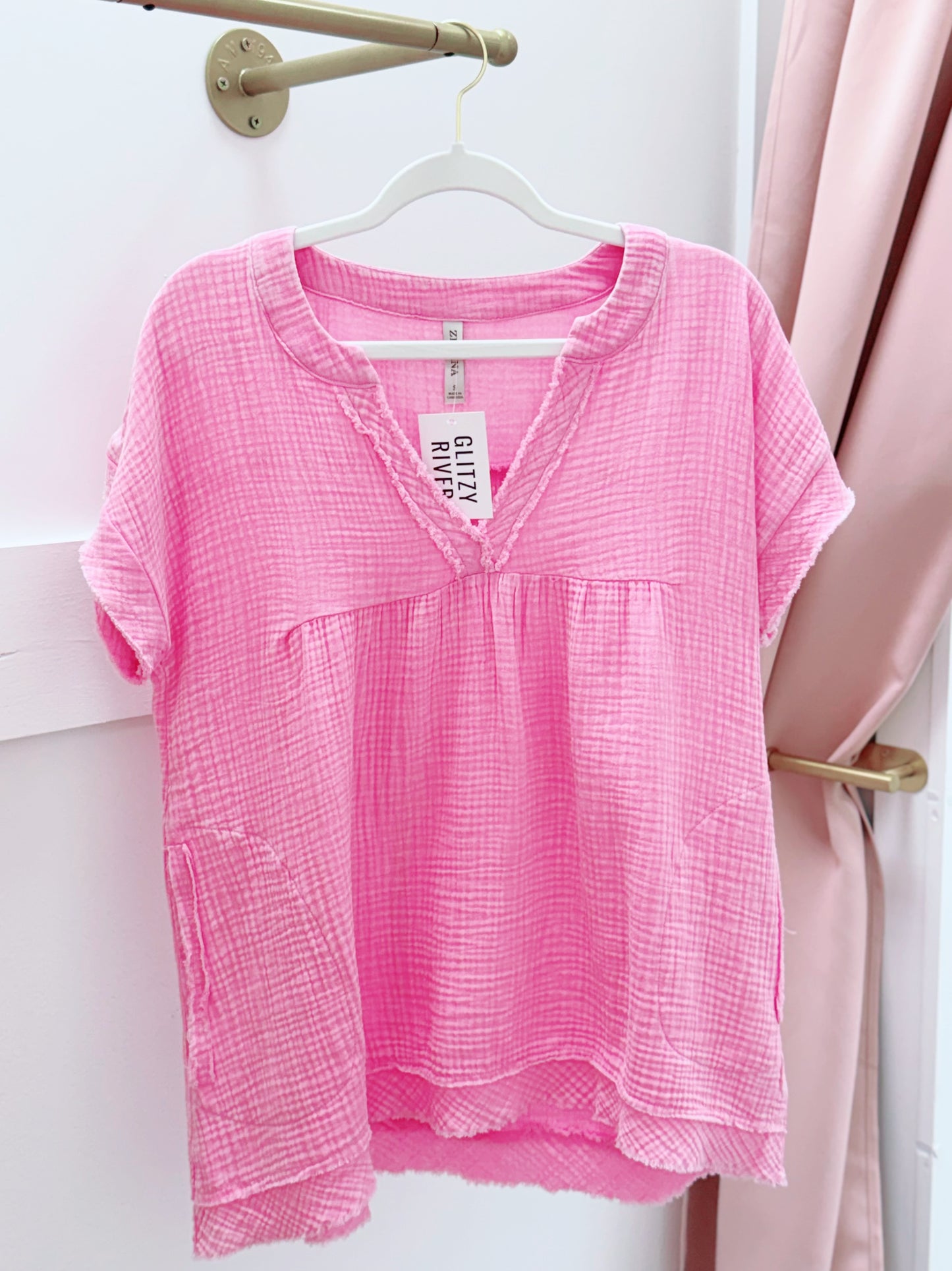 Gauze Distressed Top | Candy Pink