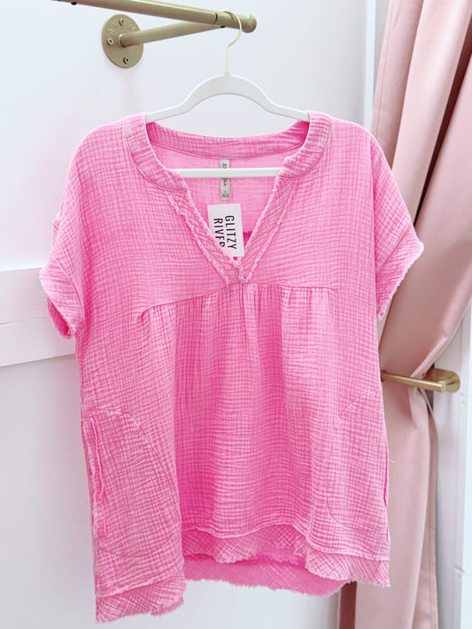 Gauze Distressed Top | Candy Pink