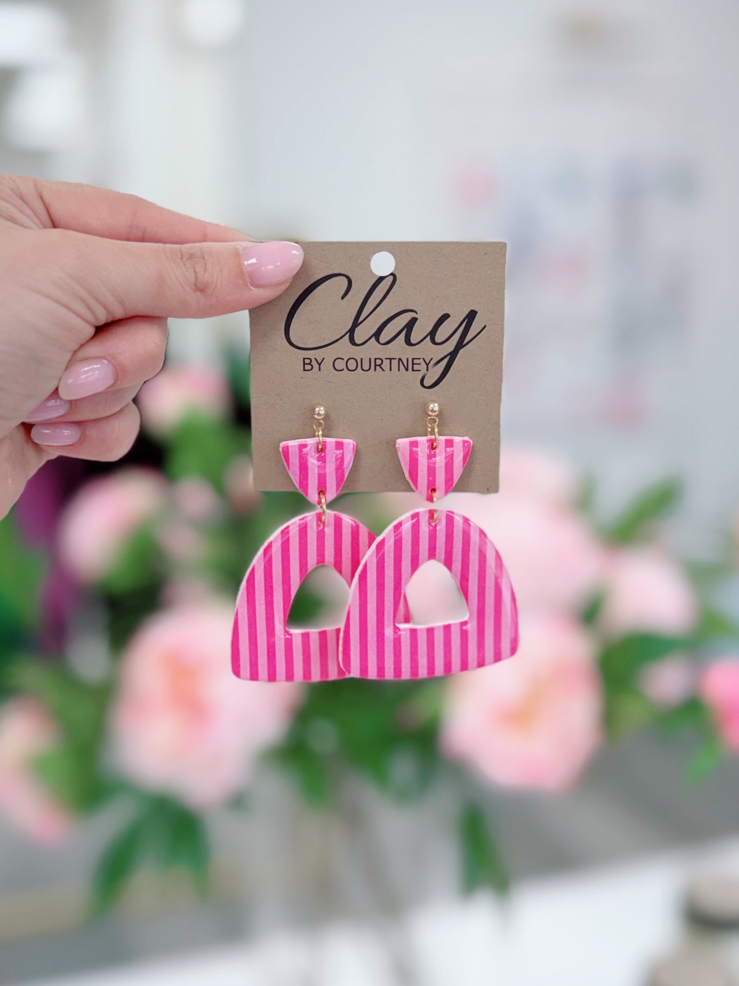 Pink Striped Clay Earrings
