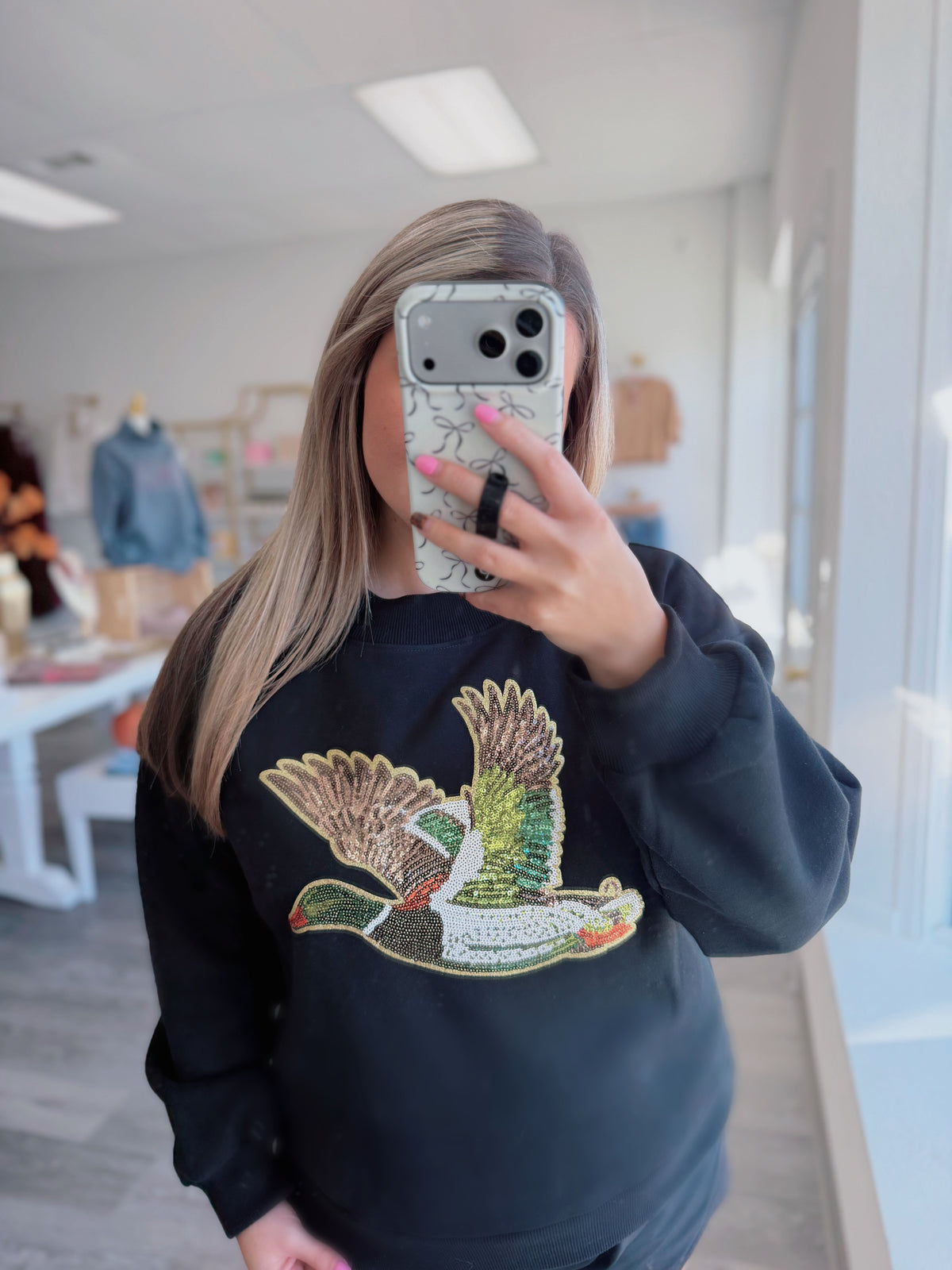 Sequin Mallard Mockneck Sweatshirt, BLACK