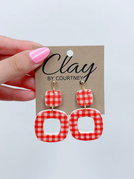 Small Red Gingham Clay Earrings
